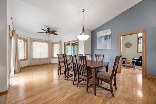 6845 Flint Rock Ct, Marion, IA 52302 - dining area with ceiling fan, light wood-style flooring, and vaulted ceiling