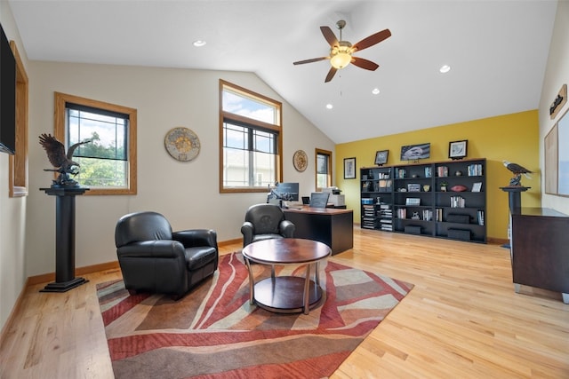 6845 Flint Rock Ct, Marion, IA 52302 - living room featuring ceiling fan, an office area, wood finished floors, lofted ceiling, and recessed lighting