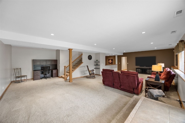 6845 Flint Rock Ct, Marion, IA 52302 - carpeted living room featuring recessed lighting, stairs, and an office area