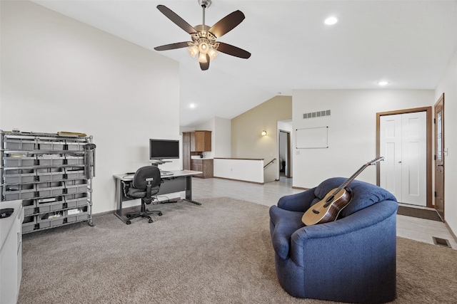 2089 117th Ct, Kalona, IA 52247 - home office featuring lofted ceiling, a ceiling fan, light carpet, and recessed lighting
