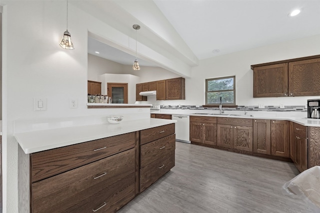 2089 117th Ct, Kalona, IA 52247 - kitchen with vaulted ceiling, white dishwasher, under cabinet range hood, hanging light fixtures, and light countertops