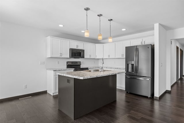1921 Bowstring Dr, Marion, IA 52302 - kitchen featuring stainless steel fridge, black electric range oven, recessed lighting, white cabinetry, and decorative light fixtures