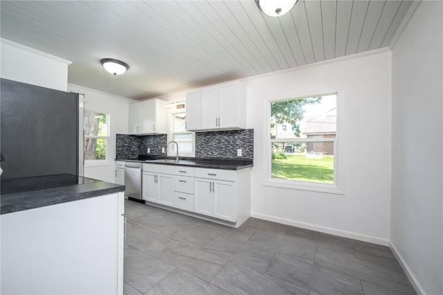 446 19th NW, Cedar Rapids, IA 52405 - kitchen featuring appliances with stainless steel finishes, dark countertops, decorative backsplash, white cabinets, and crown molding