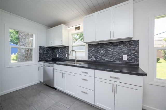 446 19th NW, Cedar Rapids, IA 52405 - kitchen with dishwasher, dark countertops, tasteful backsplash, white cabinetry, and wooden ceiling
