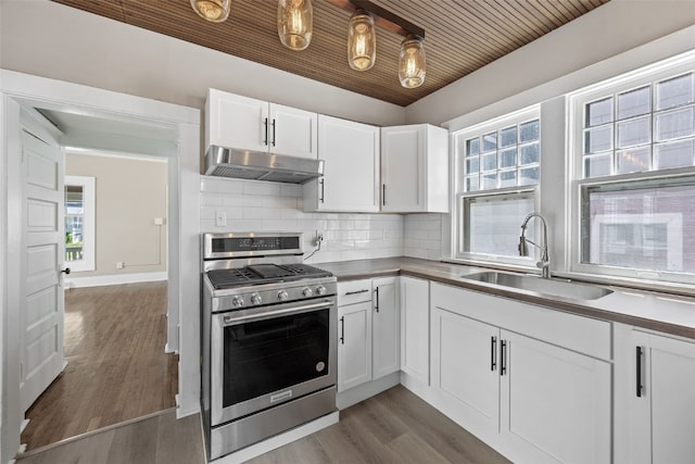 351 19th St SE, Cedar Rapids, IA 52403 - kitchen featuring stainless steel gas range, under cabinet range hood, dark wood-type flooring, white cabinetry, and tasteful backsplash