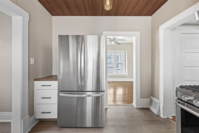 351 19th St SE, Cedar Rapids, IA 52403 - kitchen with appliances with stainless steel finishes, a ceiling fan, white cabinets, wood finished floors, and wood ceiling