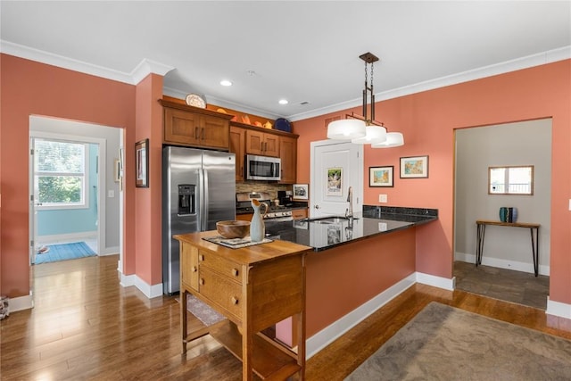 1138 Swisher St, Iowa City, IA 52245 - kitchen with stainless steel appliances, crown molding, a peninsula, backsplash, and dark wood-style floors