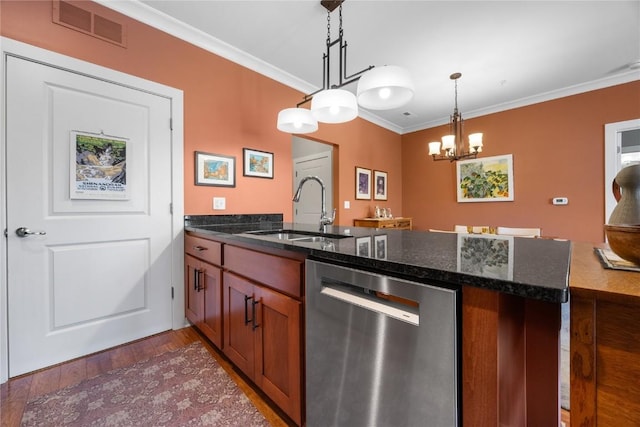 1138 Swisher St, Iowa City, IA 52245 - kitchen with dishwasher, a peninsula, ornamental molding, wood finished floors, and brown cabinetry