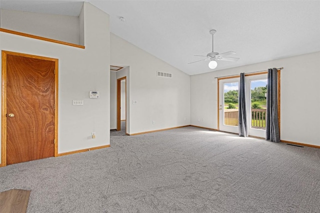 1361 Ozark Rdg, Coralville, IA 52241 - carpeted empty room with a ceiling fan, high vaulted ceiling, and a smoke detector