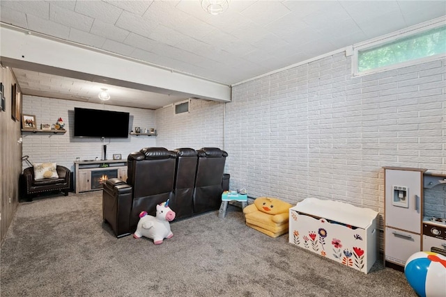 1654 19th St NW, Cedar Rapids, IA 52405 - rec room featuring carpet flooring and brick wall