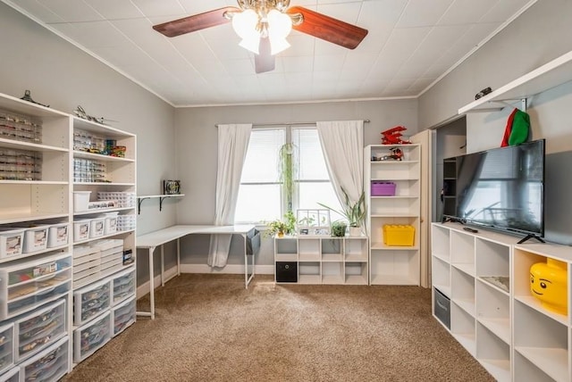3825 Hart Ct, Cedar Rapids, IA 52402 - office area with carpet, a ceiling fan, and ornamental molding