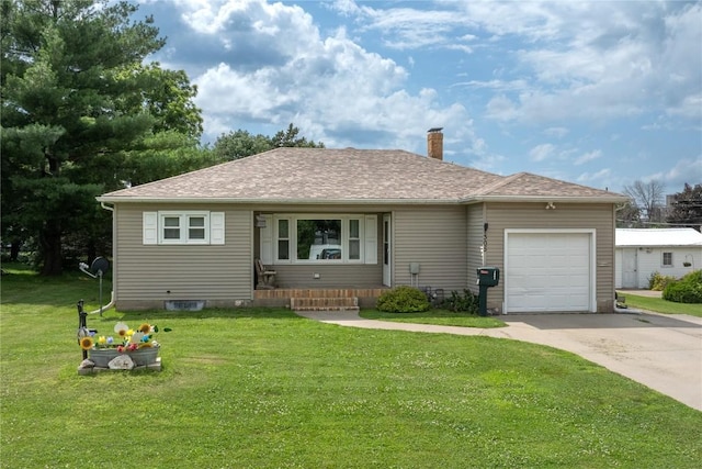 1305 E Ave, Vinton, IA 52349 - single story home featuring driveway, a garage, a chimney, a front lawn, and roof with shingles