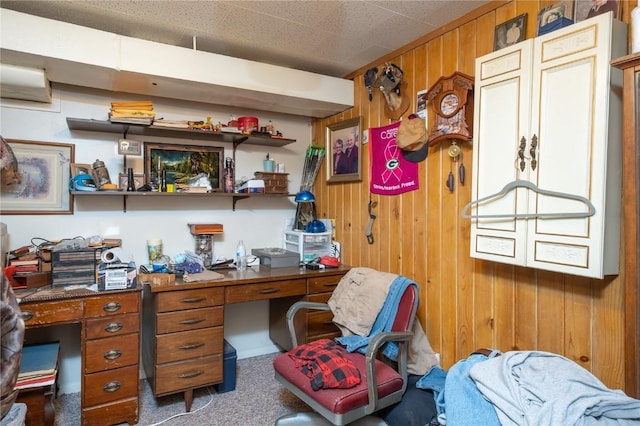 1305 E Ave, Vinton, IA 52349 - office with wood walls, built in desk, and carpet floors