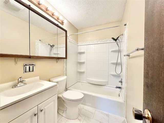 1125 W 10th Ave, Marion, IA 52302 - bathroom featuring vanity, bathing tub / shower combination, a textured ceiling, and marble finish flooring