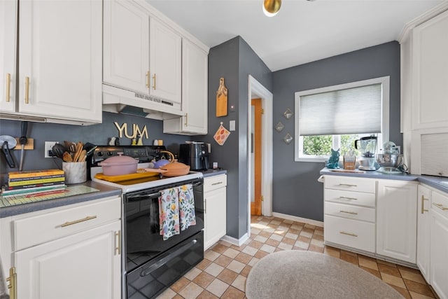 2518 1st Ave NE, Cedar Rapids, IA 52402 - kitchen featuring electric range, under cabinet range hood, and white cabinets