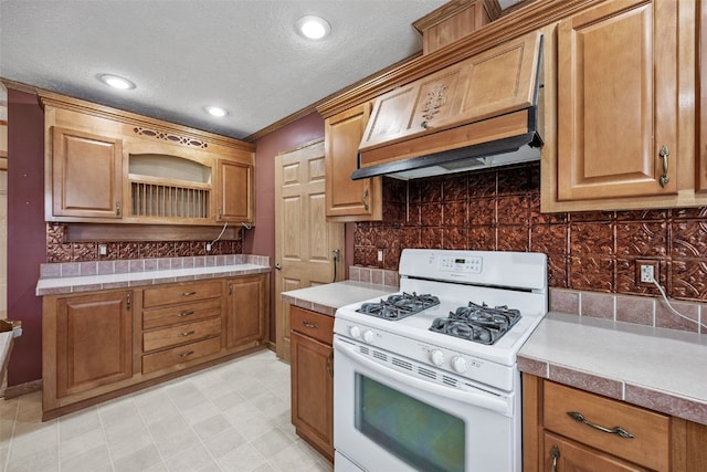 204 Northgate St, Shellsburg, IA 52332 - kitchen featuring white gas range oven, custom range hood, open shelves, light countertops, and a textured ceiling