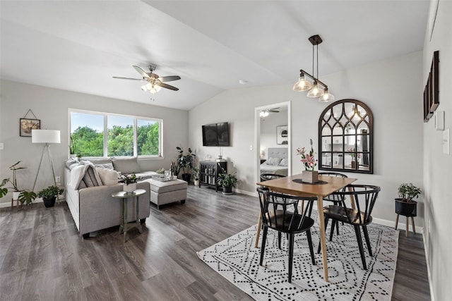 904 Hughes St, Coralville, IA 52241 - dining area featuring ceiling fan, lofted ceiling, and dark wood-style flooring