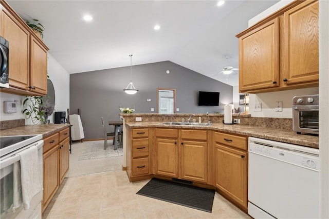2176 49th St, Marion, IA 52302 - kitchen featuring white appliances, lofted ceiling, a peninsula, ceiling fan, and decorative light fixtures