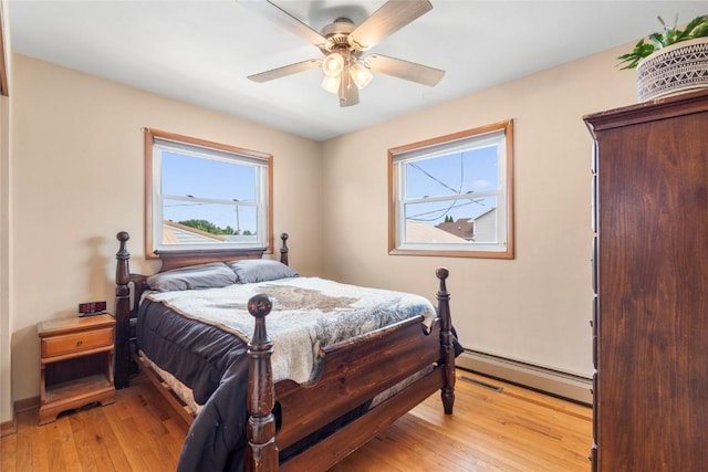 2469 1st St SW, Cedar Rapids, IA 52404 - bedroom with a baseboard radiator, light wood-style flooring, and a ceiling fan