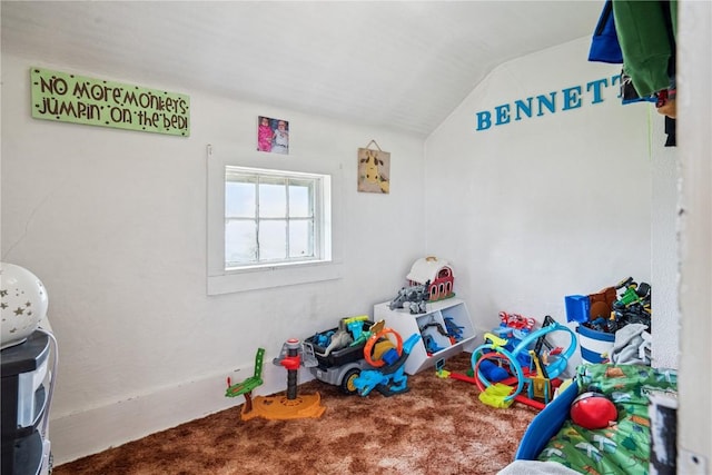 409 Railroad St, Fairfax, IA 52228 - game room with vaulted ceiling and carpet flooring