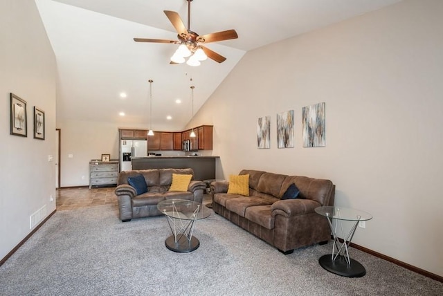 5616 Dostal Dr SW, Cedar Rapids, IA 52404 - carpeted living area with ceiling fan, high vaulted ceiling, and recessed lighting