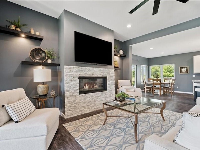 5112 Scenic View Ct SW, Cedar Rapids, IA 52404 - living area with a ceiling fan, wood finished floors, recessed lighting, and a fireplace