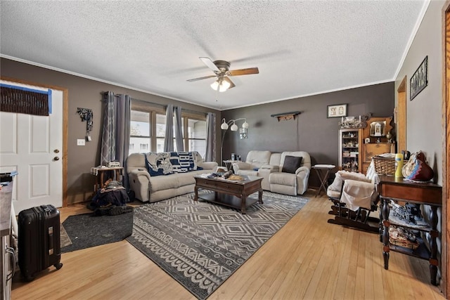 200 Drexel Dr SW, Cedar Rapids, IA 52404 - living room with ceiling fan, ornamental molding, light wood-style floors, and a textured ceiling