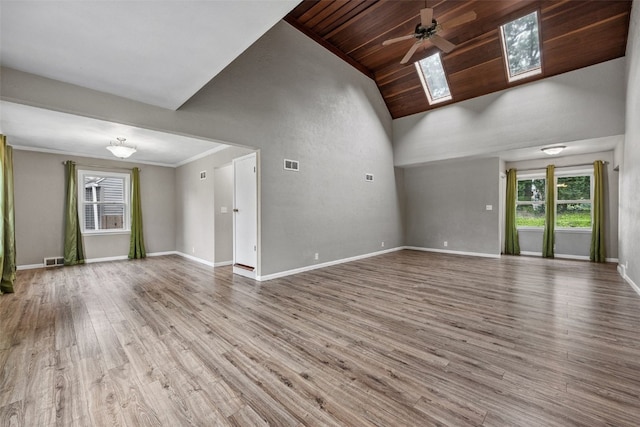 2539 Vernon Ct SE, Cedar Rapids, IA 52403 - unfurnished living room featuring a skylight, wood finished floors, high vaulted ceiling, a ceiling fan, and wood ceiling