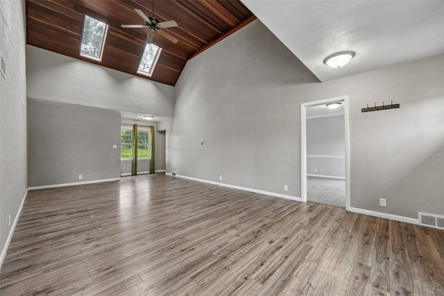 2539 Vernon Ct SE, Cedar Rapids, IA 52403 - unfurnished room featuring ceiling fan, wood finished floors, wooden ceiling, a skylight, and high vaulted ceiling