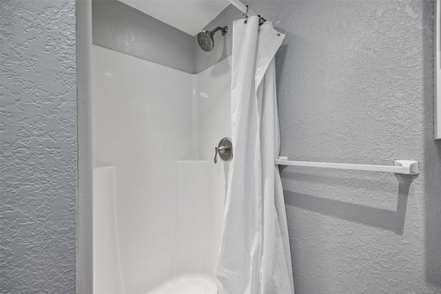 2539 Vernon Ct SE, Cedar Rapids, IA 52403 - bathroom with a textured wall and a shower with shower curtain