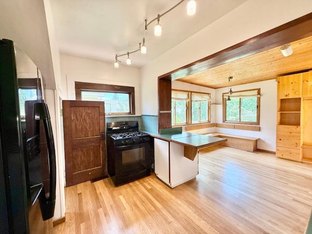 423 S 7th Ave, Iowa City, IA 52245 - kitchen featuring black appliances, light wood-style floors, and a peninsula