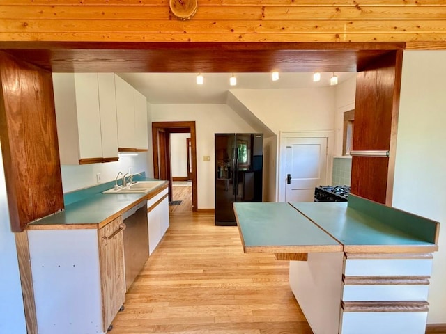 423 S 7th Ave, Iowa City, IA 52245 - kitchen featuring black fridge with ice dispenser, white cabinets, light wood-type flooring, dishwasher, and a peninsula