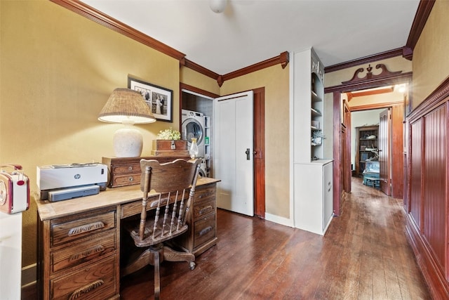 1860 E Ave NW, Cedar Rapids, IA 52405 - office area with ornamental molding, dark wood-style floors, and stacked washer and clothes dryer