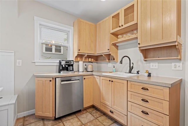 2021 Bever Ave SE, Cedar Rapids, IA 52403 - kitchen with dishwasher, light brown cabinets, light countertops, open shelves, and light stone finish floors