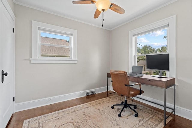 2021 Bever Ave SE, Cedar Rapids, IA 52403 - office with wood finished floors, ornamental molding, and a ceiling fan