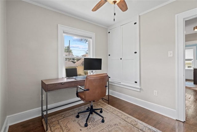 2021 Bever Ave SE, Cedar Rapids, IA 52403 - office area featuring wood finished floors, plenty of natural light, a ceiling fan, and ornamental molding