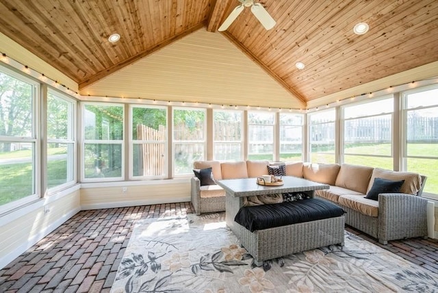 1935 1st Ave SW, Cedar Rapids, IA 52405 - sunroom with wooden ceiling, an outdoor hangout area, ceiling fan, brick flooring, and healthy amount of natural light