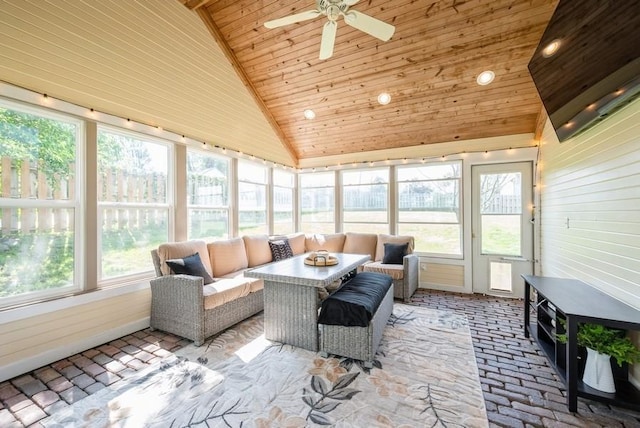 1935 1st Ave SW, Cedar Rapids, IA 52405 - sunroom / solarium featuring wooden ceiling, plenty of natural light, outdoor lounge area, a ceiling fan, and wooden walls