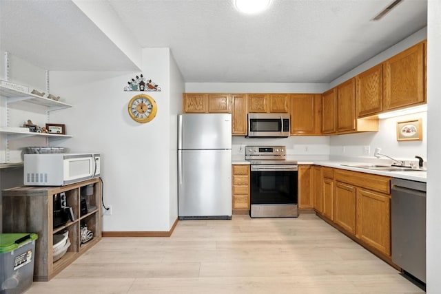 3060 Wilson Ave SW Unit 7, Cedar Rapids, IA 52404 - kitchen featuring light wood-type flooring, appliances with stainless steel finishes, light countertops, open shelves, and brown cabinetry