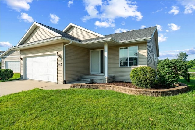6045 Ridgewood Meadows Ln NE, Cedar Rapids, IA 52411 - ranch-style house with an attached garage, driveway, a front yard, and a shingled roof