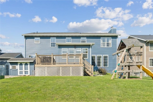 405 Stoney Creek Rd NW, Cedar Rapids, IA 52405 - back of property with a playground, a storage unit, a wooden deck, a yard, and a chimney