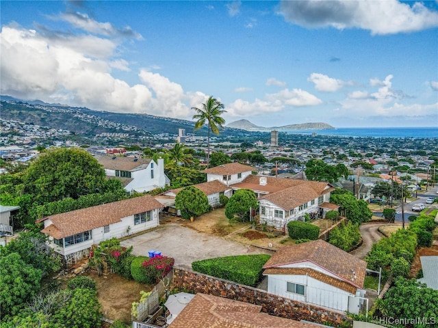 drone / aerial view featuring a mountain view