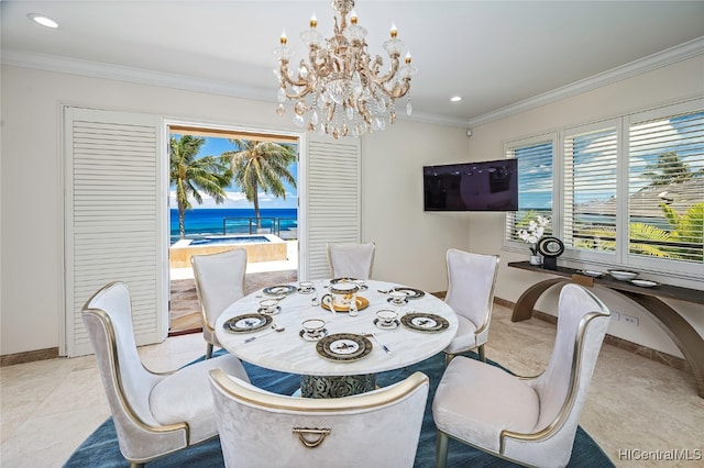 tiled dining room with ornamental molding, an inviting chandelier, and plenty of natural light