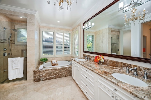 bathroom featuring vanity, a healthy amount of sunlight, ornamental molding, and shower with separate bathtub