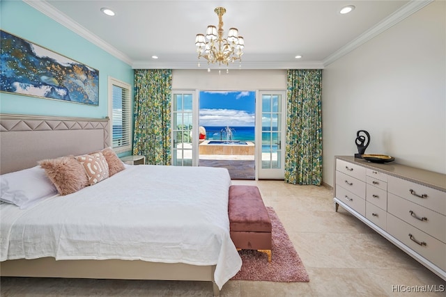 tiled bedroom featuring crown molding, a chandelier, and access to exterior