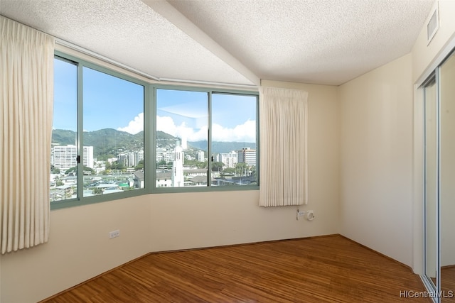 empty room featuring a mountain view, a textured ceiling, and wood-type flooring