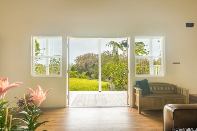 doorway to outside with light wood-type flooring