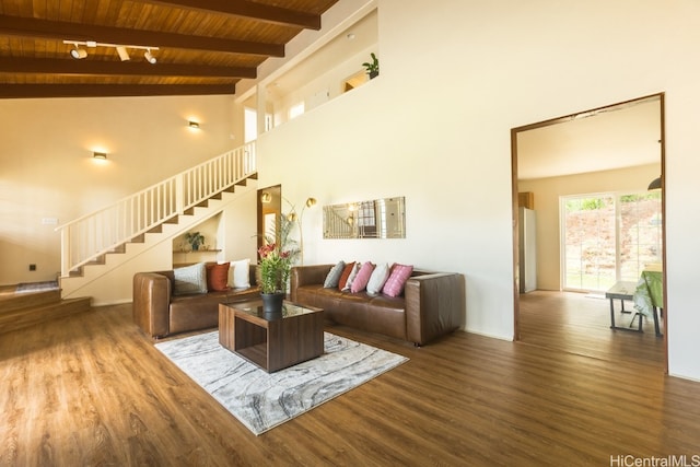 living room featuring high vaulted ceiling, wooden ceiling, beamed ceiling, and hardwood / wood-style floors