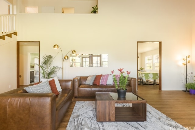 living room with a towering ceiling and hardwood / wood-style floors