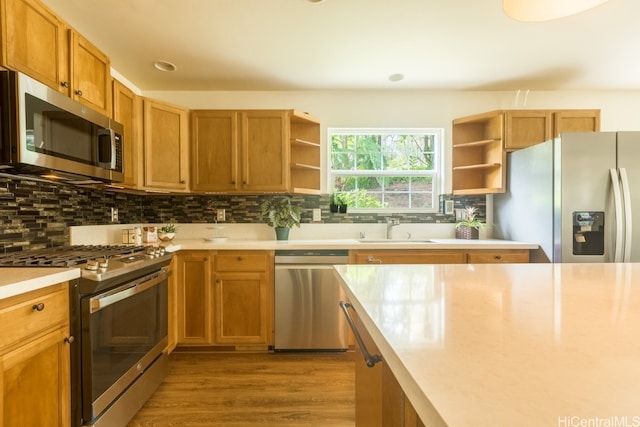 kitchen with light hardwood / wood-style floors, tasteful backsplash, appliances with stainless steel finishes, and sink